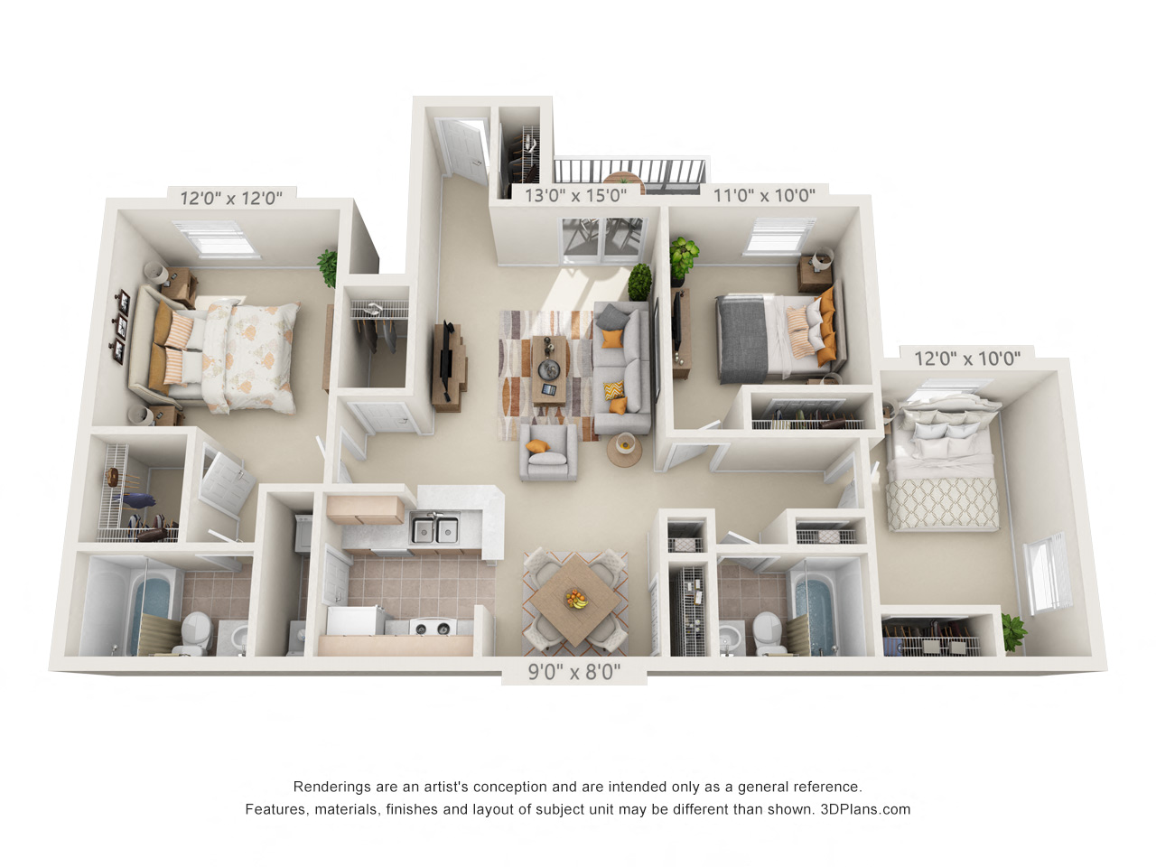 Floor plan for 3 beds, 2 baths, 1183 sqft